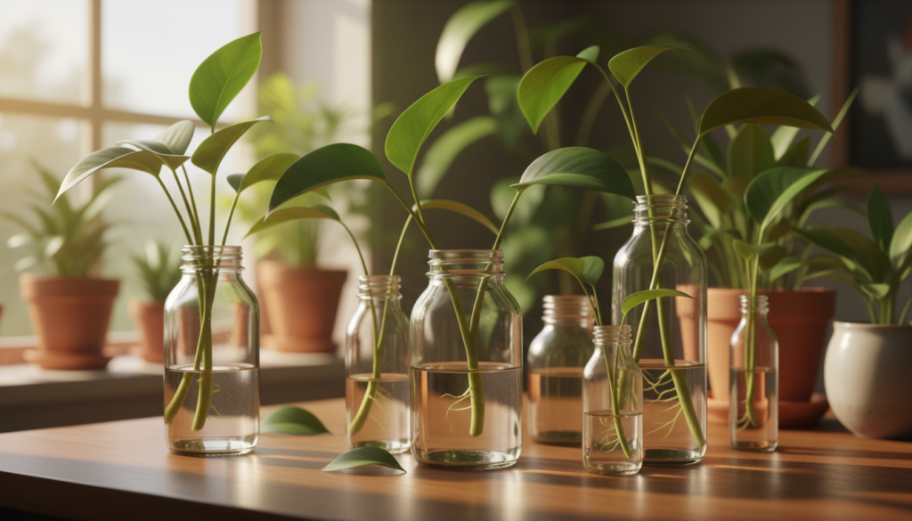 A close-up shot of vibrant green houseplant cuttings placed in clear glass vases, demonstrating the propagation process without nodes. The foreground features healthy stems with lush, green leaves, elegantly arranged in the vases filled with water. The middle ground shows a few scattered leaves, indicating a natural, organic setting. In the background, softly blurred potted plants create a cozy indoor atmosphere, with warm, natural light filtering through a nearby window, casting gentle shadows. The image conveys a sense of hope and curiosity, inviting viewers to learn more about plant propagation methods without nodes. Opt for a warm color palette to enhance the inviting mood, with a shallow depth of field for focus on the cuttings while maintaining a serene, informative ambiance.