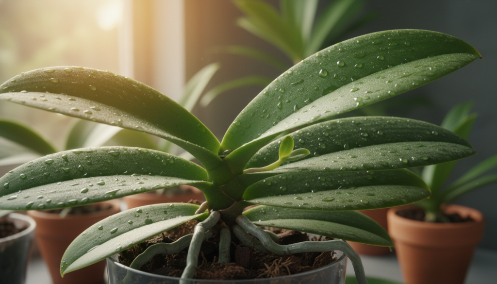 A close-up view of a healthy Phalaenopsis orchid mother plant, showcasing its vibrant green leaves and sturdy roots. In the foreground, the intricate details of the large, textured leaves, glistening with morning dew, create a lush appearance. The middle ground features a prominent keiki, or baby orchid, beginning to emerge from a leaf, symbolizing the propagation process. The background includes soft-focus elements of an indoor garden, with gentle sunlight filtering through a window, casting a warm glow on the scene. Use natural lighting to enhance the colors and textures, capturing a serene and nurturing atmosphere that emphasizes the vitality of the mother plant. Ensure the composition is balanced, with a slight upward angle to highlight the keiki’s development.