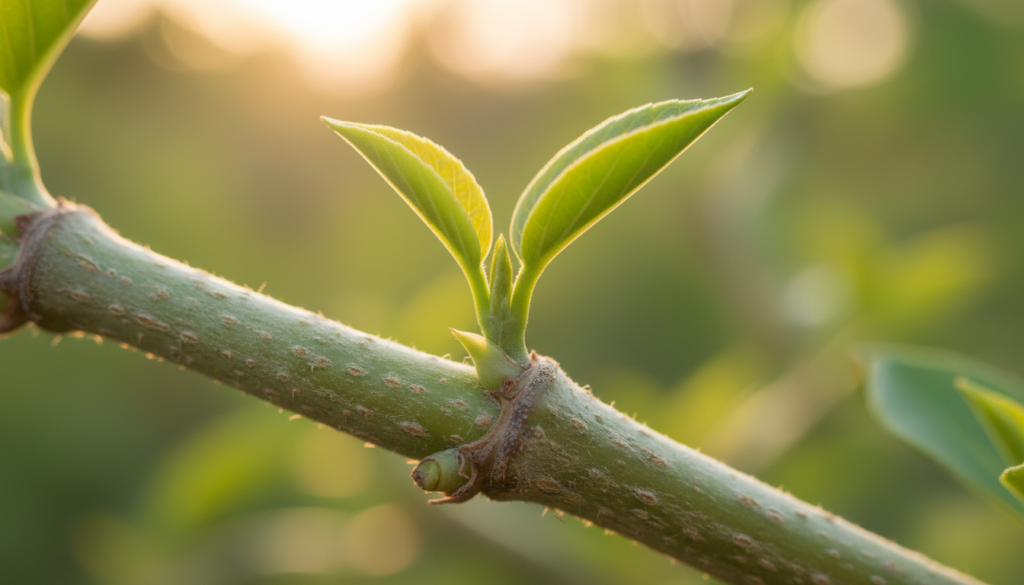 A close-up view of a healthy plant stem, prominently featuring a node where new growth begins, surrounded by a few vibrant green leaves. The foreground focuses on the intricate textures of the stem and the node, showcasing its potential for propagation. In the middle ground, softly blurred plant elements create depth, while a natural background of softly diffused light filters through greenery, suggesting a serene garden atmosphere. The scene is illuminated with warm, natural lighting to enhance the organic feel, with a shallow depth of field emphasizing the node as the central subject. Capture the essence of growth and vitality, highlighting the importance of nodes in the propagation process.