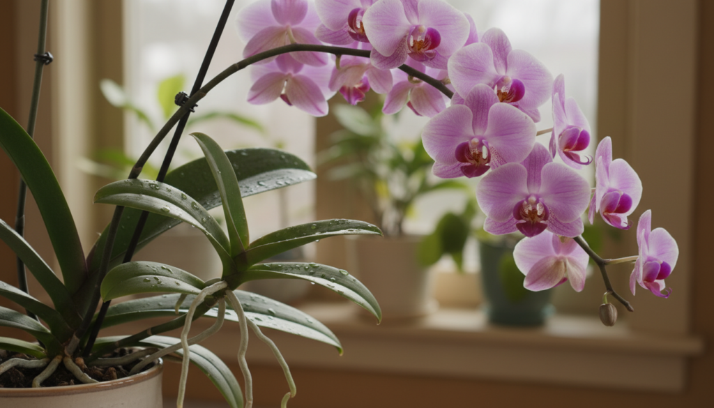 A close-up view of a healthy, vibrant keiki orchid growing from the stem of a mature orchid plant. The foreground features the keiki with its lush green leaves and delicate roots, showcasing its baby orchid characteristics. In the middle ground, the main orchid plant boasts a cascade of colorful blooms in rich shades of purple and white, surrounded by glossy green foliage. The background is softly blurred, hinting at a warm, serene home setting with soft natural light streaming in, creating a peaceful ambiance. The lighting highlights the dewdrops on the leaves, adding a touch of freshness. The atmosphere is inviting and educational, perfect for illustrating the concept of orchid propagation at home.