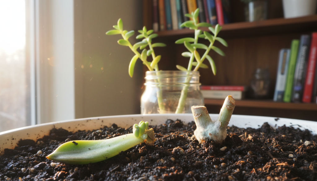 A close-up view of a succulent propagation setup, focused on the common mistakes that hinder healthy growth. In the foreground, a succulent leaf cutting wilting on damp soil and a stem cutting sprouting mold, illustrating improper watering techniques. In the middle ground, a glass jar containing cuttings with inadequate light exposure, illuminated softly by natural sunlight pouring in from a nearby window, creating warm highlights. Behind, a well-organized bookshelf with plant care books giving a sense of depth. The overall atmosphere feels educational and reflective, with a calm, inviting vibe, encouraging viewers to learn and improve their propagation techniques. The lighting should emphasize the textures of the succulents while maintaining a clear, focused composition without distractions.