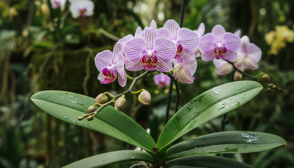 A close-up view of a vibrant Phalaenopsis orchid flower spike, showcasing several healthy keikis (baby orchids) emerging from the spike. The foreground features the luminous green leaves and the delicate purple and white flowers, displaying intricate patterns and a glossy sheen. In the middle, the keikis are depicted in various stages of growth, some with roots beginning to develop. The background includes a soft-focus of lush greenery and hints of other orchids, creating a tropical atmosphere. The lighting is soft and natural, with gentle highlights accentuating the textures of the flowers and leaves. The camera angle is slightly above eye level, providing a clear view of the keikis while evoking a sense of wonder and tranquility in this serene botanical setting.