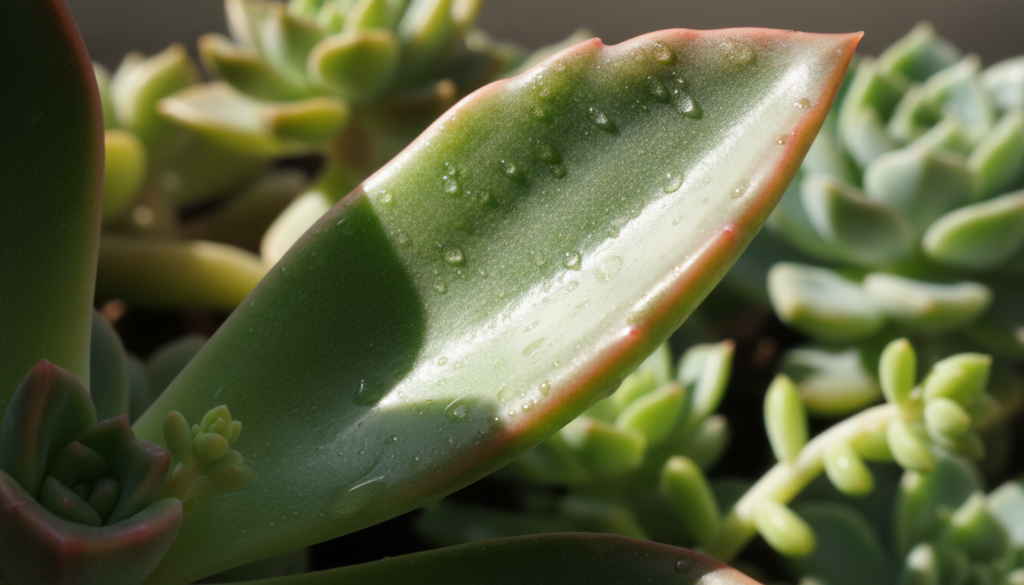A close-up view of a vibrant succulent leaf, showcasing its unique texture and color patterns. The leaf should have a slightly glossy surface, reflecting soft natural light, highlighting its intricate edges and subtle shades of green and hints of pink. In the background, a blurred arrangement of other succulent plants should create a lush, green ambiance, enhancing the focus on the featured leaf. The image should be captured from a slight angle, allowing the viewer to appreciate the natural curvature of the leaf. The overall mood should convey a sense of tranquility and natural beauty, ideal for demonstrating healthy succulent propagation techniques.
