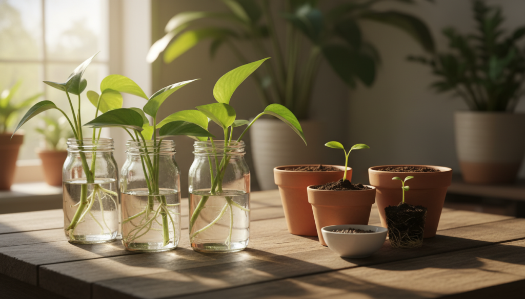 A close-up view of indoor plant propagation methods, featuring a variety of cuttings and seedlings arranged on a rustic wooden surface. In the foreground, display fresh plant cuttings in glass jars filled with water, showcasing their vibrant green leaves and healthy roots developing. In the middle ground, incorporate small pots with soil, some showing sprouting roots and delicate new leaves, highlighting the propagation process. The background should feature soft-focused, sunlit indoor plants, creating a warm and inviting atmosphere. Use natural sunlight pouring in from a window, casting gentle shadows for depth. The scene should exude a tranquil and nurturing mood, ideal for plant lovers and enthusiasts.