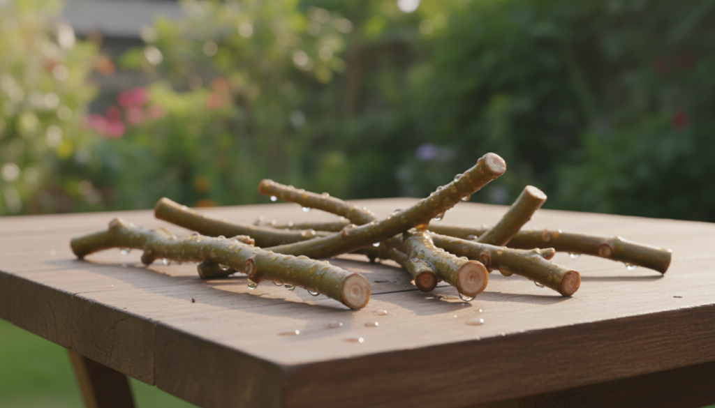 A close-up view of leafless nodes, also known as "wet sticks," prominently displayed in the foreground. The stems are bare, featuring a glossy, fresh texture, with visible moisture droplets highlighting their surfaces. The middle ground showcases a rustic wooden table, enhancing the organic feel of the composition. In the background, soft, blurred greenery suggests a lively garden setting, implying growth and potential. The lighting is warm and natural, with gentle sunlight filtering through, casting a soft glow on the nodes and creating delicate shadows. The overall mood is serene and hopeful, reflecting the theme of propagation and resilience in plant life. The camera angle is slightly tilted for a dynamic perspective, focusing intensely on the unique structure of the leafless nodes without distractions.