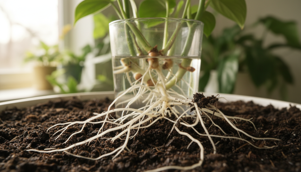 A close-up view of plant roots exhibiting auxin-induced growth, showcasing a central focus on healthy, vibrant root systems emerging from rich, dark soil. In the foreground, lush roots display a network branching outwards, highlighting their growth patterns and nodules where new root formations occur. The middle layer features a clear glass rooting chamber filled with water, showcasing a few cuttings submerged, their nodes visibly stimulated by auxin. In the background, soft-focus green foliage of houseplants provides a sense of depth and life. The scene is bathed in warm, natural lighting to evoke a nurturing atmosphere, captured from a slightly elevated angle to emphasize the process of rooting.