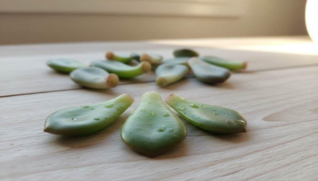 A close-up view of succulent leaves arranged on a neutral-toned wooden surface, showcasing their natural textures and colors as they dry and form a callus. The foreground focuses on a few leaves with a subtle sheen, highlighting their jade green hues with hints of blush at the edges. The middle ground features additional leaves in various stages of callusing, some with slight wrinkling, reflecting soft shadows. The background is softly blurred, hinting at a light-colored ambient environment with natural daylight illuminating the scene. The overall mood is serene and organic, evoking a sense of patience and care in the plant propagation process, with gentle lighting enhancing the natural beauty of the succulents.