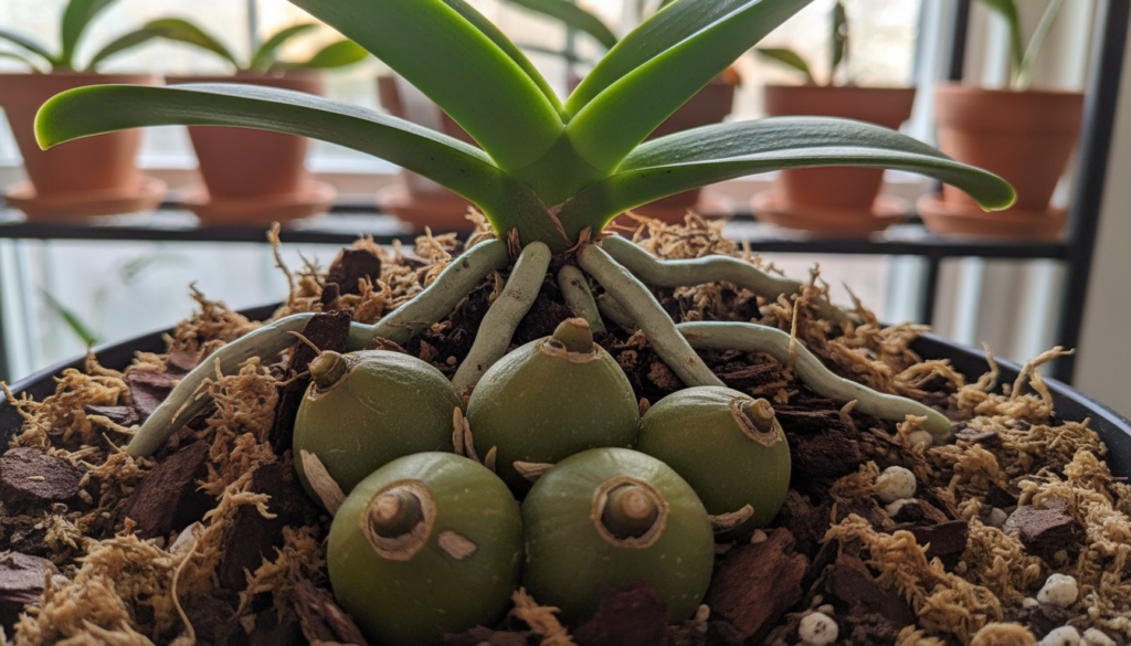A close-up view of vibrant back bulbs of orchids nestled in rich, dark potting mix, showcasing their unique textures and dormant eyes. In the foreground, focus on several back bulbs with distinct shapes and colors, displaying shades of green and brown. The middle scene features an assortment of healthy orchid leaves and roots, subtly contrasting with the back bulbs, enhancing the idea of new growth potential. The background is softly blurred, hinting at an indoor gardening setup, with gentle, natural lighting that highlights the glossy surfaces of the bulbs, creating a warm and inviting atmosphere. The composition should evoke a sense of hope and renewal in plant care.