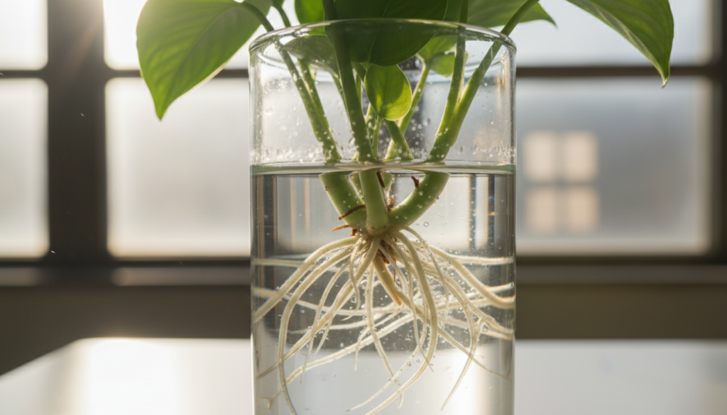A close-up view of water roots emerging from cuttings placed in a clear glass vase. In the foreground, the focus is on the delicate, translucent roots, showcasing their intricate structure and textures. The middle ground features vibrant green leaves sprouting from the cuttings above the water level, indicating healthy growth. In the background, soft, diffused natural light filters through a window, casting gentle reflections on the water’s surface, enhancing the visual appeal. The atmosphere is calm and serene, evoking a sense of nurturing and growth. The composition should maintain a clean, scientific aesthetic, making the connection between the water roots and their importance in plant propagation clear and engaging.