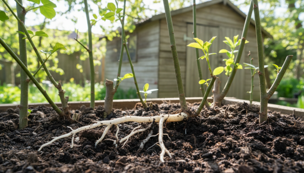 A close-up view of woody cuttings rooting in a textured, rich soil medium, showcasing various types of cuttings such as branches from shrubs and small trees. The foreground highlights the prominent roots extending into the soil, with small white nodules indicating new growth. In the middle ground, delicate green leaves emerge from the cuttings, emphasizing the rejuvenation process. The background features a soft focus of a sunny garden shed, with dappled sunlight filtering through leaves above, creating a warm, inviting atmosphere. Use natural lighting to enhance the organic textures and colors, with a shallow depth of field to emphasize the cuttings. The mood should convey hope and vitality, celebrating the journey of plant propagation.