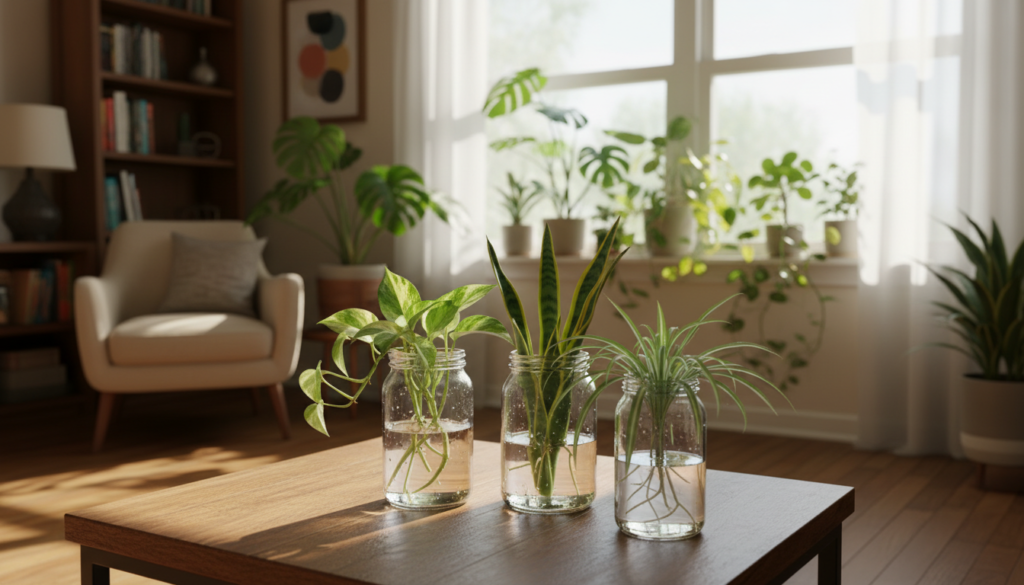 A cozy indoor scene featuring a variety of houseplants ideal for winter propagation. In the foreground, a wooden tabletop displays healthy cuttings of pothos, snake plant, and spider plant in clear glass jars filled with water, their roots beginning to develop. The middle ground reveals a sunlit window with soft, sheer curtains, enhancing natural light streaming in. Several thriving houseplants are positioned on the windowsill, showcasing vibrant green leaves and varied textures. In the background, a warm-toned living room is subtly suggested with blurred bookshelves and comfortable seating, creating an inviting atmosphere. The overall mood is serene and nurturing, with gentle sunlight casting soft shadows and highlighting the beauty of the plants. The angle is slightly elevated, focusing on the propagation process while maintaining a warm, homely feel. A cozy indoor scene featuring a variety of houseplants ideal for winter propagation. In the foreground, a wooden tabletop displays healthy cuttings of pothos, snake plant, and spider plant in clear glass jars filled with water, their roots beginning to develop. The middle ground reveals a sunlit window with soft, sheer curtains, enhancing natural light streaming in. Several thriving houseplants are positioned on the windowsill, showcasing vibrant green leaves and varied textures. In the background, a warm-toned living room is subtly suggested with blurred bookshelves and comfortable seating, creating an inviting atmosphere. The overall mood is serene and nurturing, with gentle sunlight casting soft shadows and highlighting the beauty of the plants. The angle is slightly elevated, focusing on the propagation process while maintaining a warm, homely feel.
