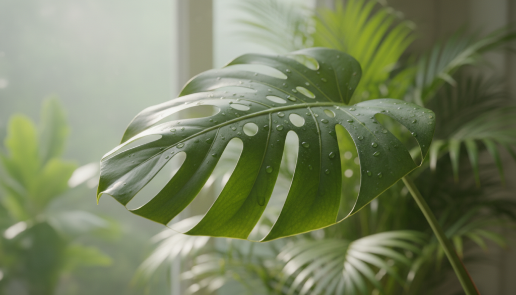 A detailed close-up of a Monstera leaf floating in soft, diffused natural light, isolated against a blurred, lush green background. The leaf should be depicted in vibrant shades of green, showcasing its iconic perforated texture, with clear droplets of water clinging to its surface, suggesting freshness. The background should contain hints of other tropical plants, creating a serene atmosphere of a verdant indoor garden space. Use a shallow depth of field to emphasize the Monstera leaf, while gently blurring the surroundings. The mood should feel tranquil and inviting, capturing the essence of nature and the intrigue of plant propagation. The angle should be slightly tilted, drawing attention to the unique shape and details of the leaf, without including any nodes or stems.