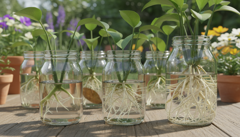 A detailed root growth timeline illustrating the stages of root development for plant cuttings. In the foreground, emphasize three distinct root stages: tiny emerging roots, longer healthy roots, and mature roots ready for transplanting. The middle layer should showcase the cuttings in water, emphasizing clarity and cleanliness, highlighting the problematic aspect of water propagation. The background should feature a softly blurred garden setting with various plants, creating a tranquil and educational atmosphere. Use natural sunlight to illuminate the scene, casting gentle shadows for depth. Capture the image from a slightly elevated angle to allow a comprehensive view of the root development stages, fostering a sense of progression and growth. Aim for a natural and serene mood, perfect for conveying the importance of understanding root growth in cuttings.
