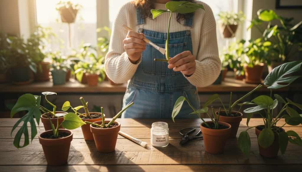 A detailed, step-by-step guide on using rooting hormone for houseplants, featuring a cozy, well-lit indoor gardening setting. In the foreground, a wooden table displays small, potted cuttings with a jar of rooting hormone, a brush for application, and a pair of pruners. The middle ground features a person, dressed in modest casual clothing, carefully applying the hormone to the cut ends of the cuttings with the brush. Lush green houseplants are visible in the background, with sunlight streaming through a window, creating a warm, inviting atmosphere. The composition emphasizes clarity and focus on the act of applying rooting hormone, evoking a sense of nurture and care for houseplants.