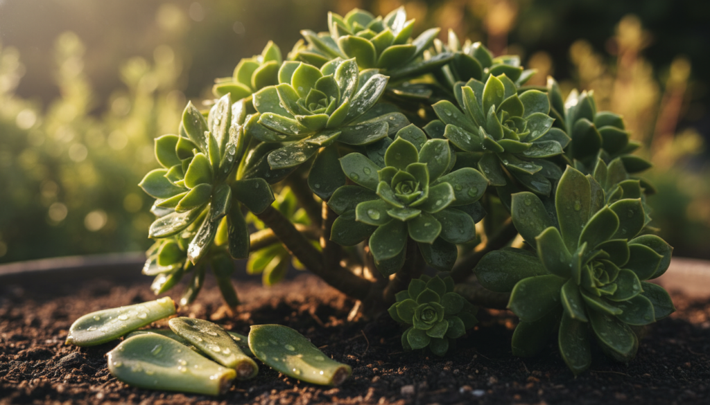 A healthy, lush mother plant featuring thick, fleshy succulent leaves in various shades of green, with a few cuttings gently resting beside it, showcasing readiness for propagation. In the foreground, highlight the textured surface of the leaves with dewdrops reflecting light, emphasizing freshness. The middle ground should capture the full plant with prominent branches and multiple rosettes, displaying a vibrant, thriving appearance. For the background, incorporate a softly blurred garden setting with warm, natural sunlight filtering through, creating a serene atmosphere. Use a shallow depth of field to focus on the mother plant, enhancing the intimate feel of the scene. Aim for a bright, inviting mood that inspires confidence in successful succulent propagation.