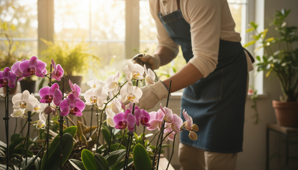 A lush, vibrant display of orchid plants in various stages of growth fills the foreground, showcasing their unique shapes and colors—ranging from deep purples to bright whites and soft pinks. In the middle ground, a gardener is seen gently tending to these orchids, dressed in casual yet tidy attire, highlighting the personal connection to the propagation process. In the background, a warm, sunlit window casts soft, natural light across the scene, enhancing the healthy green foliage. Use a shallow depth of field to focus on the orchids and the gardener's hands, blurring the background slightly. The overall mood is nurturing and serene, encapsulating the delicate art of cultivating orchids at home with a peaceful atmosphere.