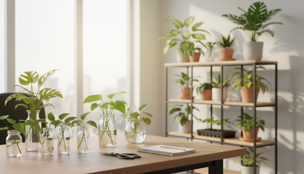 A modern propagation station setup in a well-lit, organized workspace. In the foreground, a sturdy wooden table displays an array of plant propagation tools, including jars filled with water, scissors, and plant cuttings in vibrant green. A small note-taking pad lies beside the tools. In the middle, a stylish, sleek shelving unit holds various potted plants in different stages of growth, showcasing an inviting array of leaf textures and colors. In the background, large windows allow natural sunlight to stream in, illuminating the space with a warm, inviting glow. The atmosphere feels refreshing and productive, inspiring gardeners to consider both essential and optional propagation upgrades. The image is captured with a slightly blurred backdrop using a soft focus lens to enhance the foreground's detail.