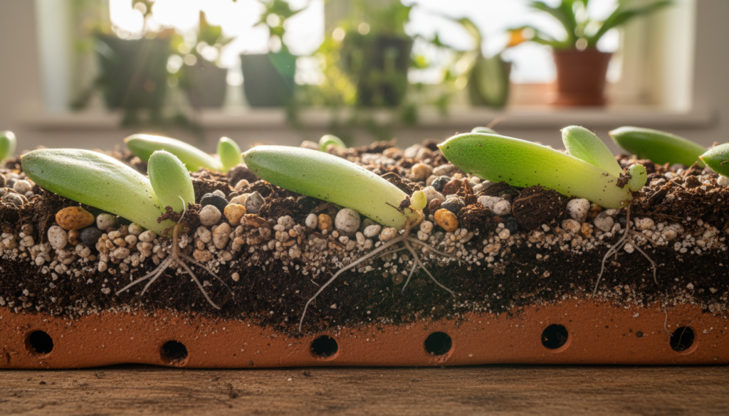 A rich, textured close-up of healthy soil, showcasing layers including dark, nutrient-rich topsoil mixed with light sand and small pebbles. In the foreground, succulent leaves are arranged elegantly, some with roots beginning to develop, indicating the propagation process. The middle ground features a shallow container with good drainage, partially filled with the soil mix. In the background, blurred greenery suggests a home gardening environment, bathed in soft, natural sunlight that filters through, creating a warm and inviting atmosphere. The scene is captured with a macro lens, highlighting the intricate details of the soil and succulent leaves, enhancing the mood of growth and vitality.
