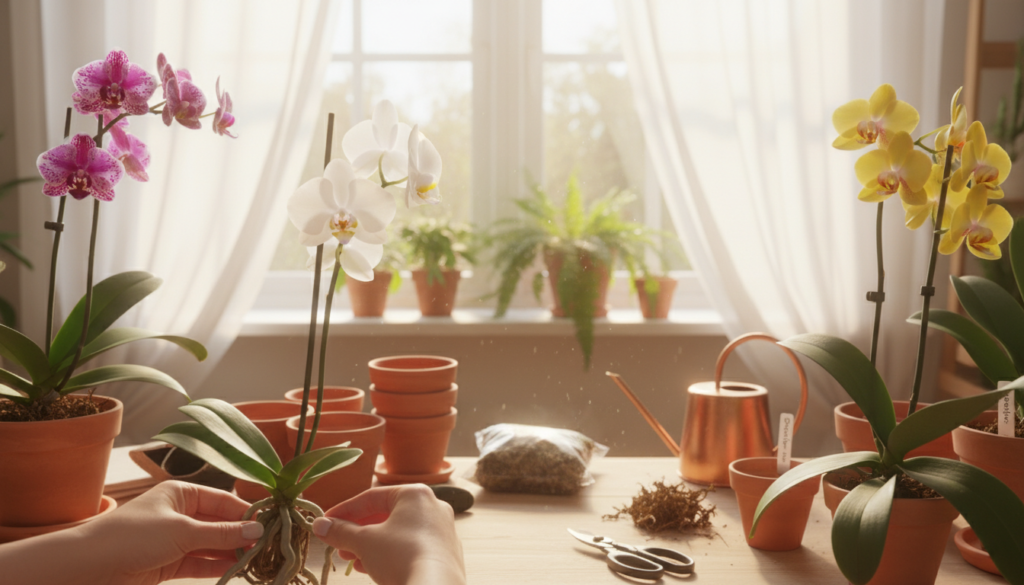 A serene indoor gardening scene focused on division propagation of sympodial orchids. In the foreground, a pair of hands gently separating orchid rhizomes, showcasing the lush green roots and vibrant flowers in a variety of colors such as purple, white, and yellow. The middle ground includes a well-organized potting bench with gardening tools, small pots, and a watering can, adding to the propagation theme. In the background, a softly lit window reveals bright, natural light filtering through sheer curtains, enhancing the tranquil atmosphere. The overall mood is calm and nurturing, emphasizing the care involved in home orchid propagation. Illuminate with warm, natural lighting, captured at a soft focus to create a sense of depth and warmth.