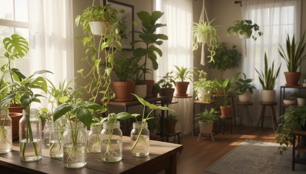 A serene indoor gardening scene showcasing a variety of houseplants in the process of propagation. In the foreground, a wooden table holds glass containers filled with water, displaying cuttings with roots beginning to emerge, illuminated by soft, natural light from a nearby window. The middle ground features lush green plants, like pothos and spider plants, with delicate tendrils cascading down. In the background, a bright, airy room filled with more houseplants, sunlight streaming through sheer curtains, creating a warm and inviting atmosphere. The overall mood is calm and nurturing, emphasizing the beauty and potential of propagating houseplants. The image is captured from a slightly elevated angle, showcasing the details of the plants and their environment.