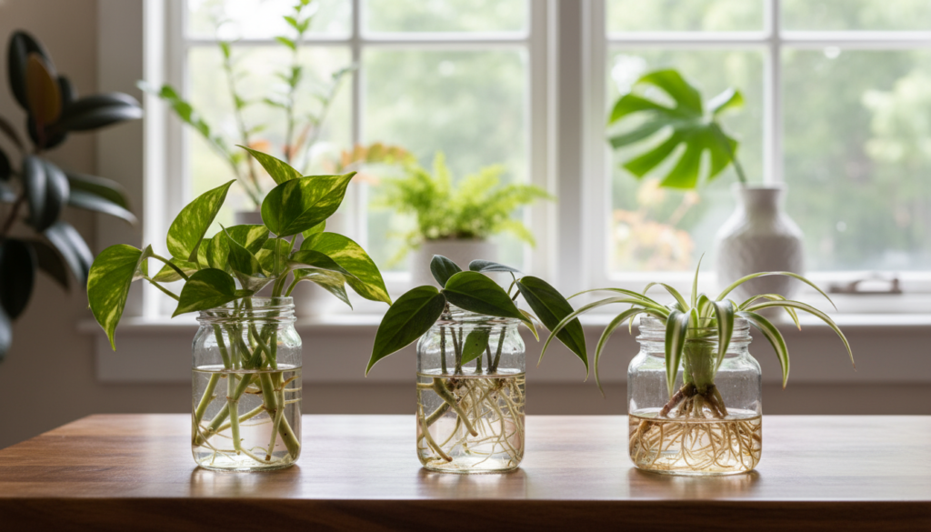 A serene indoor setting showcasing various houseplant cuttings arranged elegantly on a wooden countertop. In the foreground, vibrant and healthy cuttings of pothos, philodendron, and spider plants are displayed in clear glass jars filled with water, their roots visibly growing. In the middle ground, a well-lit window allows soft, natural light to filter in, casting gentle shadows on the plants. The background features elegant plant leaves and a hint of greenery from nearby pots. The overall atmosphere is calm and nurturing, emphasizing growth and the beauty of propagation with bright, inviting colors. The image should convey a sense of peace and warmth, suitable for a guide on indoor gardening.