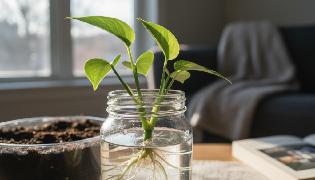 A vibrant and close-up image of a cuttings node, displaying healthy green leaves and delicate roots emerging from the stem. In the foreground, show the cutting gently nestled in a clear glass jar filled with water, sunlight reflecting off the surface. The middle layer features a potting mix in the background, hinting at the process of planting. Soft, diffused natural light streams in from a nearby window, casting gentle shadows. Capture this scene from a slightly elevated angle, emphasizing the beauty of the node and water preparation. The atmosphere should feel nurturing and optimistic, embodying the essence of propagation during winter. A vibrant and close-up image of a cuttings node, displaying healthy green leaves and delicate roots emerging from the stem. In the foreground, show the cutting gently nestled in a clear glass jar filled with water, sunlight reflecting off the surface. The middle layer features a potting mix in the background, hinting at the process of planting. Soft, diffused natural light streams in from a nearby window, casting gentle shadows. Capture this scene from a slightly elevated angle, emphasizing the beauty of the node and water preparation. The atmosphere should feel nurturing and optimistic, embodying the essence of propagation during winter.