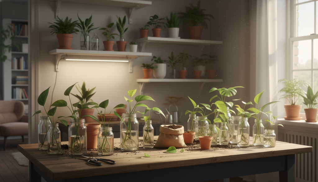 A well-organized propagation station at home, showcasing a bright, inviting space filled with various plant species in pots. In the foreground, focus on a sturdy wooden table covered with essential propagation tools: glass jars, soil, scissors, and plant cuttings in water. In the middle background, display shelves lined with vibrant green plants under soft, natural lighting, creating a calm, nurturing atmosphere. A window allows daylight to stream in, illuminating the entire scene. Use a wide-angle lens to capture the depth of the room, emphasizing the harmony of nature and home gardening. Overall, convey a peaceful, inspiring mood suitable for plant enthusiasts setting up their own propagation stations.