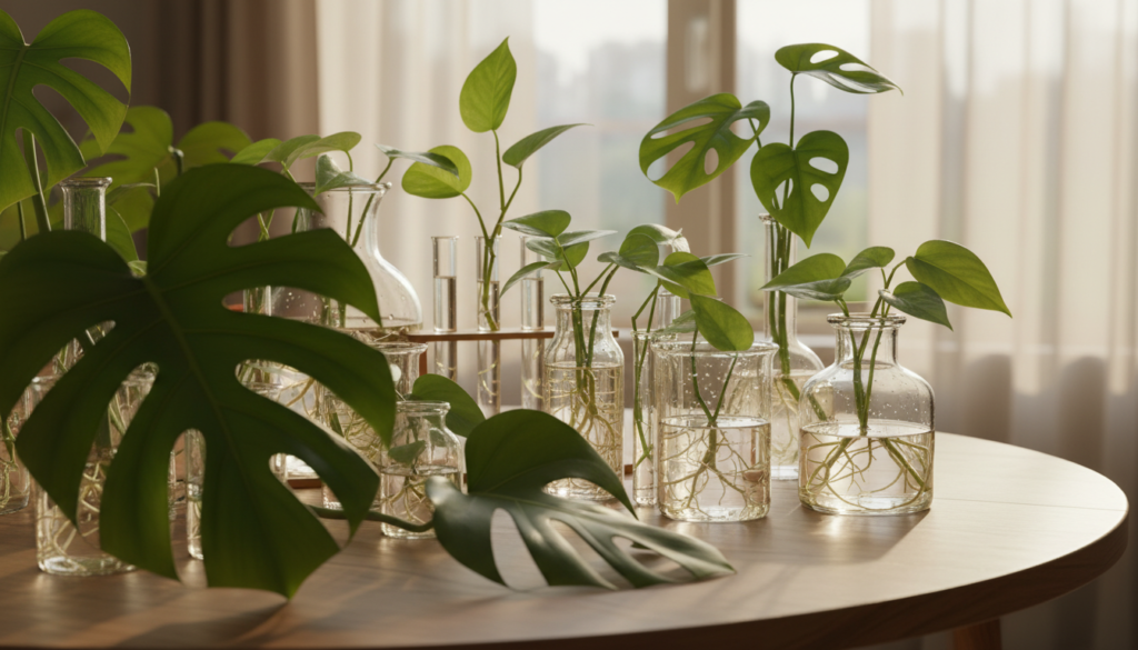 A well-organized propagation station for houseplants, featuring several glass containers with leafy cuttings in water, demonstrating growth roots. The foreground displays a wooden table with a subtle grain texture, adorned with vibrant green plant leaves spilling over. In the middle, various propagation vessels in different shapes and sizes hold cuttings of pothos and monstera, with delicate roots visible in sunlight. The background includes a soft-focus window with sheer curtains allowing gentle daylight to illuminate the scene, casting playful shadows. The atmosphere feels serene and nurturing, emphasizing a homey vibe perfect for plant care. Capture the image with a slightly elevated angle to showcase the station's arrangement and details, using natural, warm lighting to enhance the natural colors of the plants and materials.