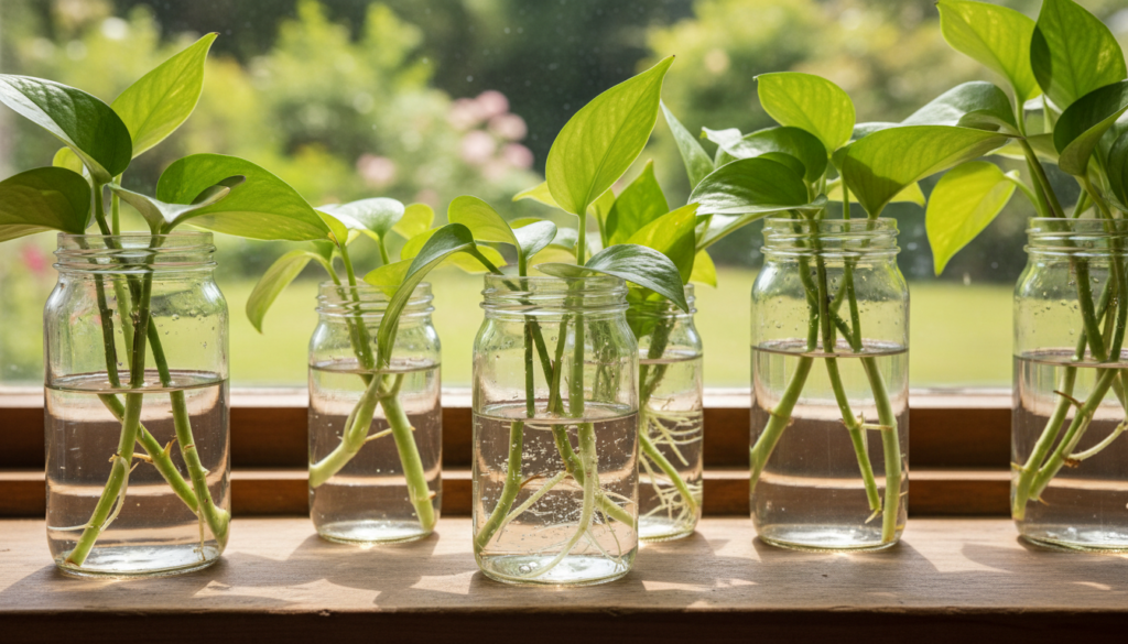A well-organized water propagation setup for plant cuttings, featuring several glass containers filled with clear water, each holding healthy green stems, roots just beginning to form. In the foreground, a close-up of one container showcasing air bubbles rising around the cuttings. The middle ground includes a wooden windowsill with sunlight streaming through, casting soft shadows and highlighting the vibrant green of the leaves. In the background, a blurred garden scene with lush greenery, creating a peaceful and nurturing atmosphere. The lighting is bright and natural, suggesting a sunny day, while the overall mood inspires hope and growth, perfect for illustrating successful propagation techniques.