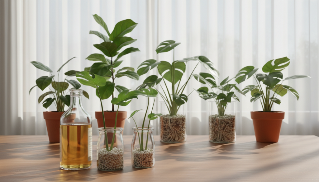 An elegant composition depicting a small, professional workspace dedicated to plant propagation. In the foreground, a clear glass bottle of rooting hormone is prominently placed on a wooden table, its liquid shimmering under soft, natural light. Beside it, freshly cut plant stems in various sizes are arranged in a rooting mix of soil and perlite, subtly hinting at the propagating process. In the middle ground, a collection of potted plants displays healthy roots, showcasing the results of effective propagation. The background features a bright window with sheer curtains, allowing gentle sunlight to filter through, creating a serene atmosphere. The overall mood is calm and inspiring, ideal for conveying the importance of rooting hormones in plant propagation.