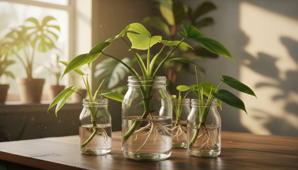 Philodendron cuttings displayed in a vibrant, well-lit indoor setting, showcasing their lush green leaves and sturdy stems. In the foreground, a variety of cuttings in clear glass jars filled with water, highlighting the roots beginning to form, suggesting growth and vitality. The middle ground features a rustic wooden table, enhancing the natural aesthetic. In the background, soft-focus house plants and a sunny window allow natural light to pour in, creating a warm and inviting atmosphere. The image should have a shallow depth of field to emphasize the cuttings while giving a gentle blur to the background. Overall, convey a sense of freshness and the potential for propagation success, perfect for illustrating a section on plant propagation timelines.