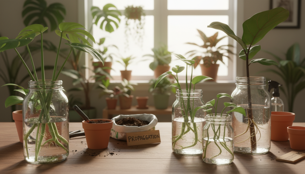 Vibrant still life featuring various plant cuttings immersed in transparent glass jars filled with water, showcasing the rooting process. In the foreground, focus on delicate green stems with developing roots, some swirling gracefully in the water. The middle ground features a wooden table with soil, small pots, and gardening tools to convey an active propagation environment. In the background, a softly blurred indoor garden filled with sunlight streaming through a window, creating a warm and inviting atmosphere. Natural light casts gentle shadows, accentuating the textures of the cuttings and surrounding elements. The mood is serene and educational, perfect for illustrating the intricacies and timing factors involved in plant propagation.