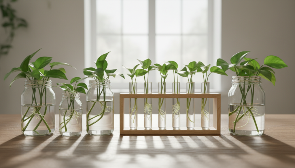 A beautifully arranged glass setup for plant propagation is positioned on a wooden table in a well-lit indoor space. In the foreground, several clear glass jars of varying sizes filled with clean, clear water, showcasing healthy cuttings with vibrant green leaves and emerging roots. In the middle, a stylish glass propagation station with elegant glass tubes affixed to a minimalist wooden base, demonstrating the beauty of root development. The background features soft, diffused natural light streaming in through a window, illuminating the scene and casting gentle shadows. The atmosphere is calm and nurturing, emphasizing a serene environment conducive to plant growth. The focus is sharp on the glass elements, with a soft bokeh effect creating depth and drawing attention to the setup's intricate details.