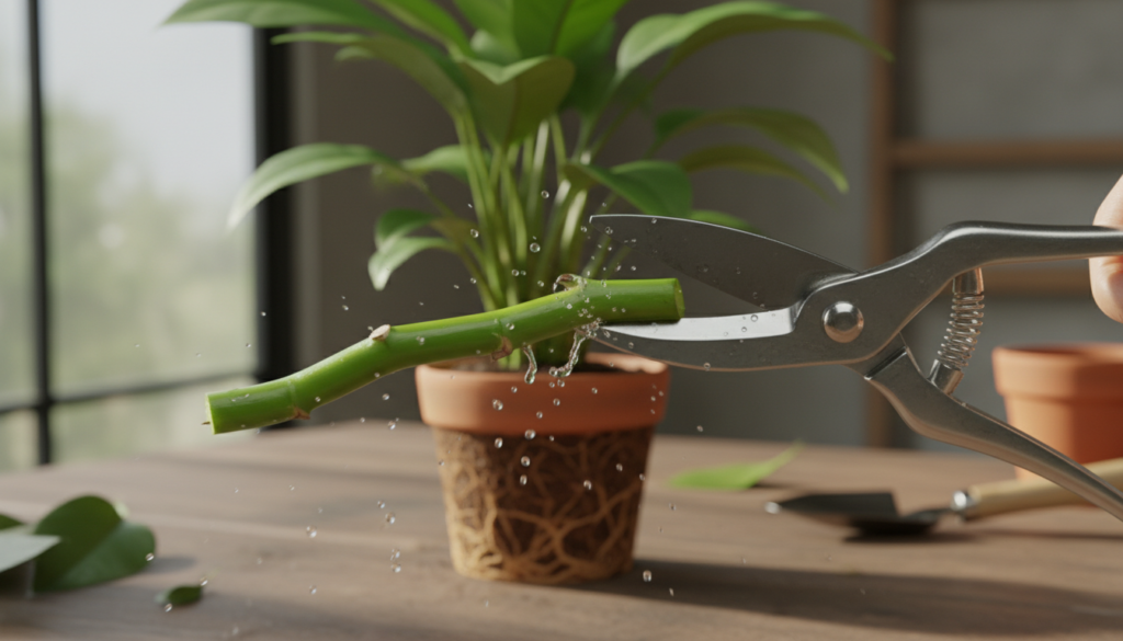 A close-up image of a sharp pruning shear cutting through a vibrant green stem of a plant, positioned in the foreground. The shear glints in the sunlight, showcasing its precision and sharpness, while droplets of water splash from the cut stem, emphasizing the action of "cutting water." In the middle ground, a healthy leafy plant with strong roots is displayed, illustrating the importance of a clean cut. The background is softly blurred, featuring a rustic wooden table, hinting at a gardening setting. Natural lighting casts gentle shadows, creating a calm and focused atmosphere. The image conveys a sense of care and expertise in plant propagation, aligning with the theme of achieving strong roots.