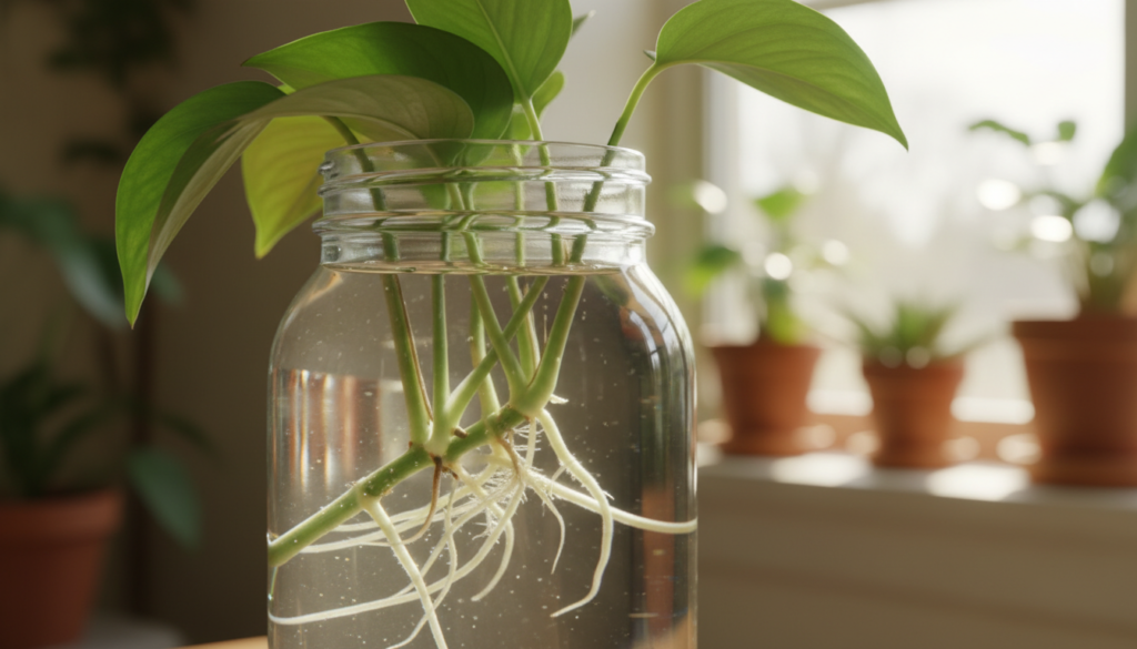 A close-up view of a glass jar filled with clear water, showcasing vibrant green plant cuttings suspended in the liquid, demonstrating water propagation. The foreground features sharp details of the leaves and roots that are beginning to develop, illustrating healthy growth. In the middle, soft sunlight filters through a nearby window, creating gentle reflections and highlights on the glass. The background has a blurred, serene indoor garden setting, with soft, warm colors and various potted plants gently out of focus. The atmosphere feels fresh and revitalizing, symbolizing the importance of proper water propagation for strong roots. The lighting is bright yet diffused, emphasizing the natural beauty of the plants without harsh shadows.