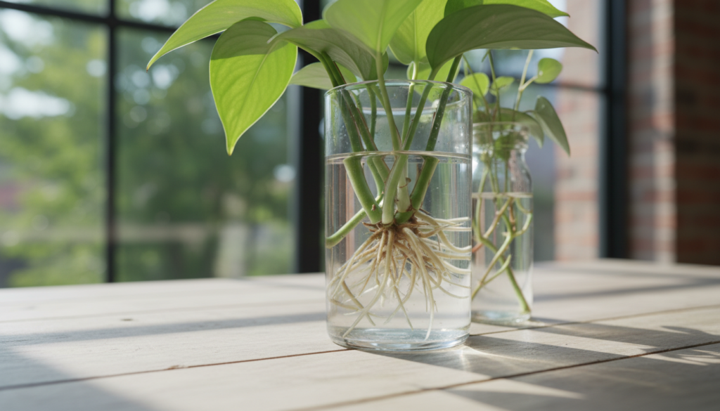 A serene indoor setting showcasing a clear glass vase filled with water, displaying a variety of plant cuttings at different stages of root development. In the foreground, a healthy cutting with vibrant green leaves has well-established roots, illustrating success in water propagation. In the middle ground, another cutting has just begun to sprout delicate roots, indicating early growth. The background features a softly blurred window with natural light streaming in, casting gentle shadows that enhance the tranquil atmosphere. The overall mood is calm and inviting, emphasizing the beauty of plant propagation and the patience required for the process. The image should be captured with a slight tilt-shift effect to focus on the cuttings while naturally softening the background.