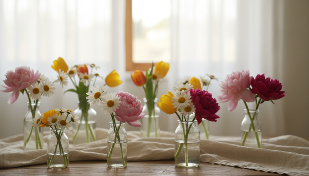A beautifully arranged assortment of mini bouquets and single flower stems displayed in a cozy indoor setting. In the foreground, focus on elegant glass vases filled with vibrant flowers like peonies, tulips, and daisies, each bouquet artfully crafted to showcase their unique colors and shapes. The middle ground features a wooden table adorned with soft, textured fabric, adding warmth to the scene. In the background, a softly lit window with sheer curtains allows gentle, natural light to filter in, enhancing the fresh, inviting atmosphere. The overall mood is serene and cheerful, ideal for small apartment decoration. Capture the image with a shallow depth of field to emphasize the details of the flowers, using a warm color palette for a cozy feel. A beautifully arranged assortment of mini bouquets and single flower stems displayed in a cozy indoor setting. In the foreground, focus on elegant glass vases filled with vibrant flowers like peonies, tulips, and daisies, each bouquet artfully crafted to showcase their unique colors and shapes. The middle ground features a wooden table adorned with soft, textured fabric, adding warmth to the scene. In the background, a softly lit window with sheer curtains allows gentle, natural light to filter in, enhancing the fresh, inviting atmosphere. The overall mood is serene and cheerful, ideal for small apartment decoration. Capture the image with a shallow depth of field to emphasize the details of the flowers, using a warm color palette for a cozy feel.