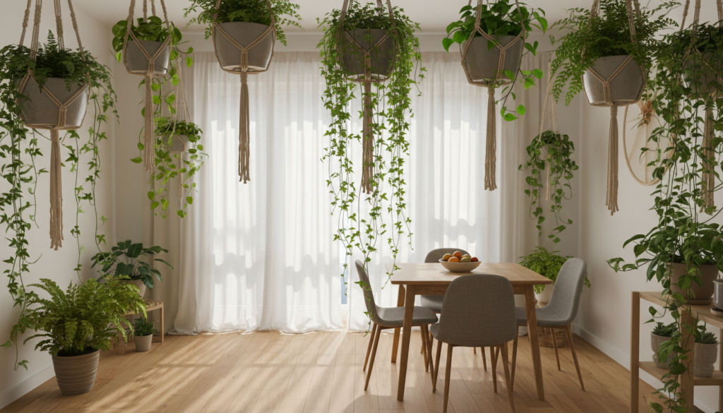 A beautifully arranged indoor scene showcasing a variety of lush hanging plants cascading from the ceiling, creating a vibrant green tapestry. In the foreground, focus on detailed macramé plant hangers elegantly displaying ferns and trailing ivy, while the middle ground features a stylish, minimalist dining space adorned with a wooden table and contemporary chairs. The background reveals a softly lit window, allowing natural sunlight to filter through sheer curtains, casting gentle shadows. The atmosphere should evoke a sense of tranquility and freshness, with an emphasis on maximizing vertical space in a small apartment. The image should be framed using a wide-angle lens to capture the full scope of the hanging arrangements and the cozy ambiance. A beautifully arranged indoor scene showcasing a variety of lush hanging plants cascading from the ceiling, creating a vibrant green tapestry. In the foreground, focus on detailed macramé plant hangers elegantly displaying ferns and trailing ivy, while the middle ground features a stylish, minimalist dining space adorned with a wooden table and contemporary chairs. The background reveals a softly lit window, allowing natural sunlight to filter through sheer curtains, casting gentle shadows. The atmosphere should evoke a sense of tranquility and freshness, with an emphasis on maximizing vertical space in a small apartment. The image should be framed using a wide-angle lens to capture the full scope of the hanging arrangements and the cozy ambiance.