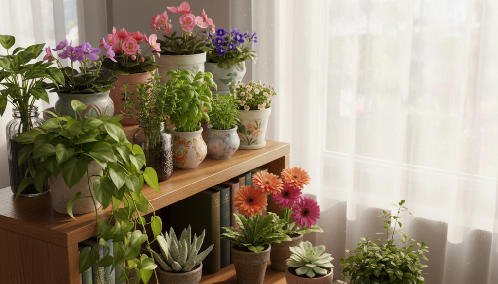 A cozy, stylish bookshelf filled with a variety of vibrant indoor plants and flowers, showcasing creative display ideas for small spaces. In the foreground, a lush, leafy pothos cascades elegantly over the edge of a wooden shelf while colorful gerbera daisies and petite succulents are artfully arranged in terracotta pots. The middle layer features an array of herbal plants such as basil and mint in mismatched containers, adding a touch of green. The background holds a softly lit window with warm, natural sunlight filtering through sheer curtains, creating a cheerful, inviting atmosphere. The angle captures the bookshelf from a slight top-down perspective, emphasizing depth and texture, while maintaining a harmonious color palette of greens, pinks, and earthy tones for an aesthetically pleasing look. A cozy, stylish bookshelf filled with a variety of vibrant indoor plants and flowers, showcasing creative display ideas for small spaces. In the foreground, a lush, leafy pothos cascades elegantly over the edge of a wooden shelf while colorful gerbera daisies and petite succulents are artfully arranged in terracotta pots. The middle layer features an array of herbal plants such as basil and mint in mismatched containers, adding a touch of green. The background holds a softly lit window with warm, natural sunlight filtering through sheer curtains, creating a cheerful, inviting atmosphere. The angle captures the bookshelf from a slight top-down perspective, emphasizing depth and texture, while maintaining a harmonious color palette of greens, pinks, and earthy tones for an aesthetically pleasing look.