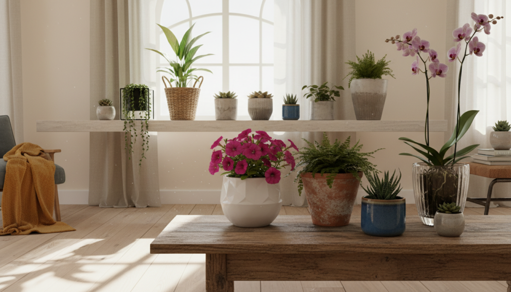 A cozy, well-lit interior scene featuring a variety of stylish pots and vessels for home plants. In the foreground, a wooden table displays an assortment of ceramic, terracotta, and glass planters in different shapes and sizes, showcasing vibrant flowers and lush green foliage. The middle ground shows a neatly arranged shelf filled with additional pots of various textures and colors, while a small potted succulent adds charm to the setup. In the background, a softly lit window lets in natural sunlight, casting gentle shadows and creating a warm, inviting atmosphere. The overall mood is serene and aesthetically pleasing, with a focus on harmonizing plants with decor elements. Use a wide-angle lens to capture the entire scene with soft, diffused lighting. A cozy, well-lit interior scene featuring a variety of stylish pots and vessels for home plants. In the foreground, a wooden table displays an assortment of ceramic, terracotta, and glass planters in different shapes and sizes, showcasing vibrant flowers and lush green foliage. The middle ground shows a neatly arranged shelf filled with additional pots of various textures and colors, while a small potted succulent adds charm to the setup. In the background, a softly lit window lets in natural sunlight, casting gentle shadows and creating a warm, inviting atmosphere. The overall mood is serene and aesthetically pleasing, with a focus on harmonizing plants with decor elements. Use a wide-angle lens to capture the entire scene with soft, diffused lighting.
