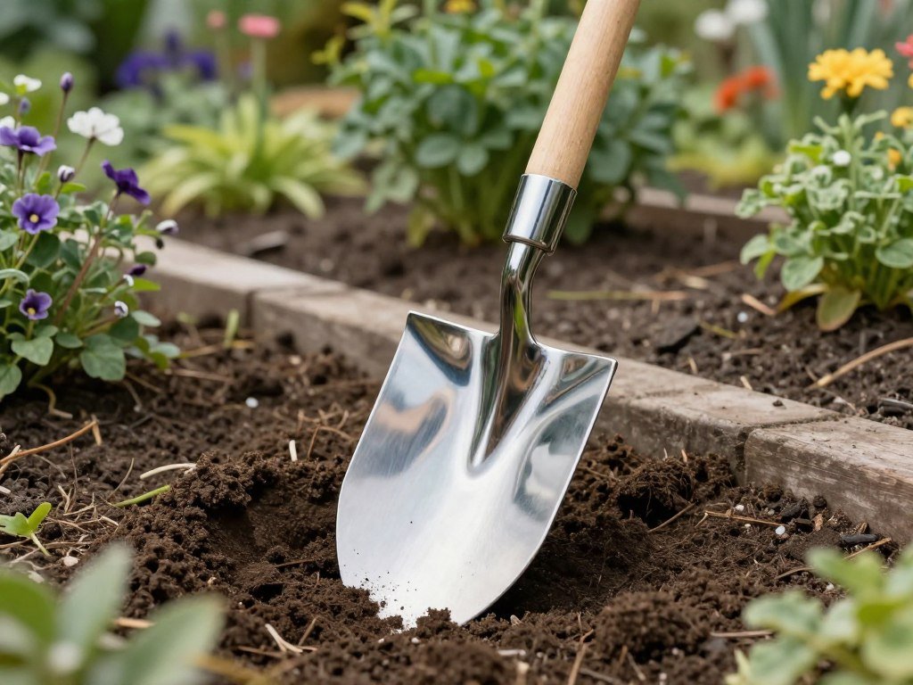 Burgon & Ball Stainless Digging Spade being used in a European garden border