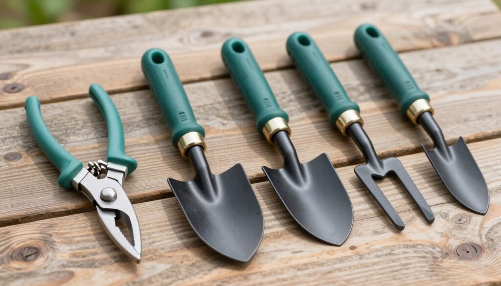 Collection of essential garden tools for European gardens including secateurs, spade, and hand tools