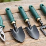 Collection of essential garden tools for European gardens including secateurs, spade, and hand tools