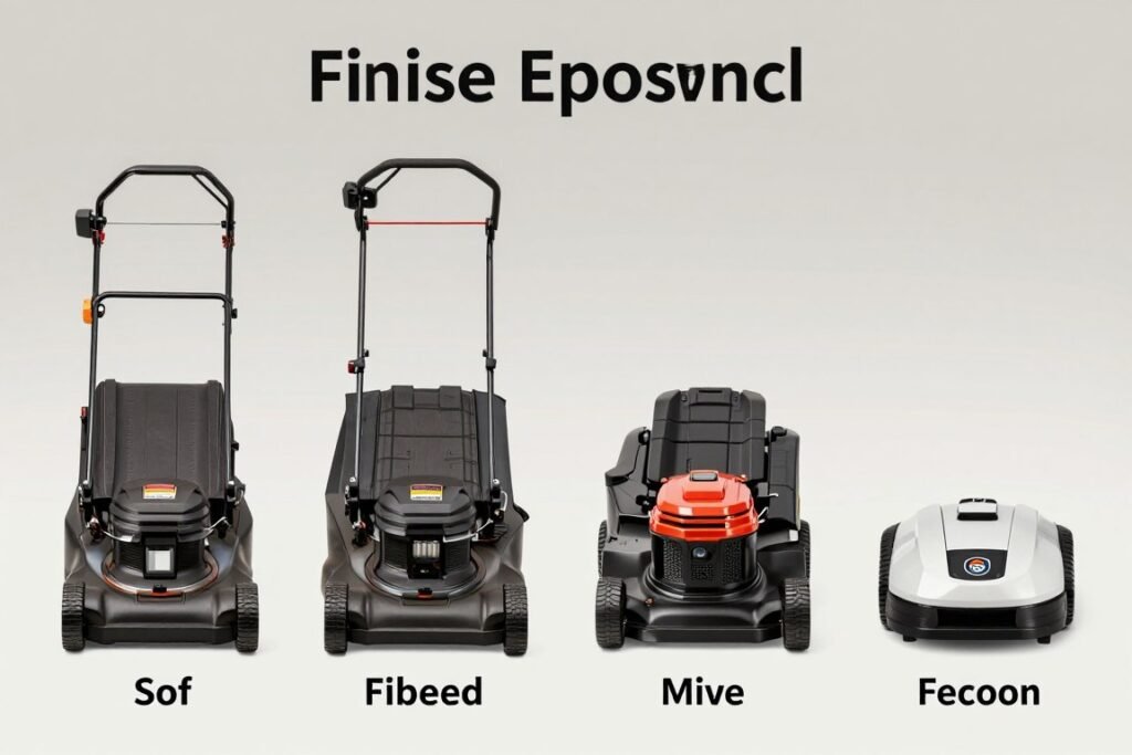 Comparison of different lawn mower types showing push, self-propelled, riding, and robotic models