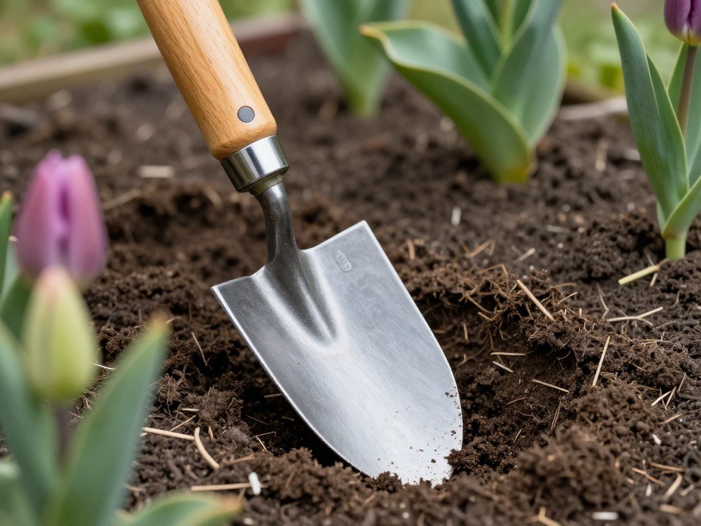 DeWit Hand Trowel being used for planting bulbs in a European garden