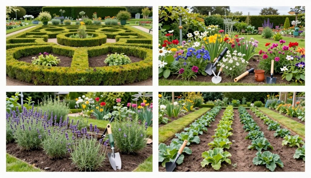 Different types of European gardens showing various gardening styles and the tools used in each
