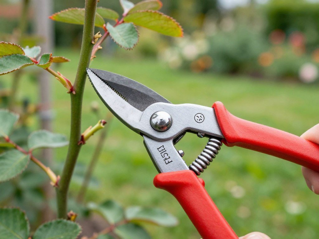 Felco Model 8 Bypass Secateurs with red handles being used to prune roses in a European garden