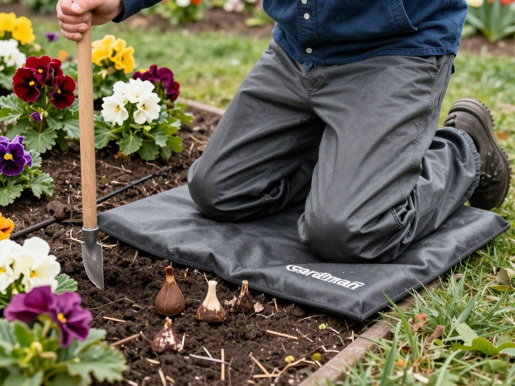 Gardman Kneeling Pad being used while planting in a European flower border