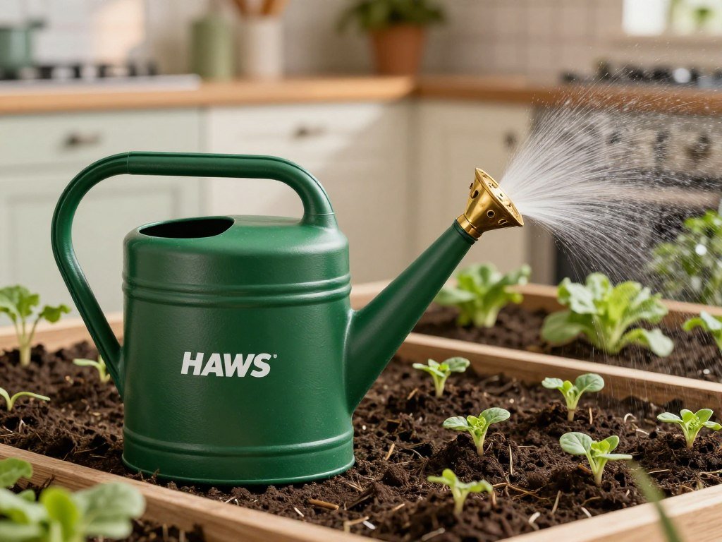 Haws Professional Watering Can with brass rose watering seedlings in a European kitchen garden