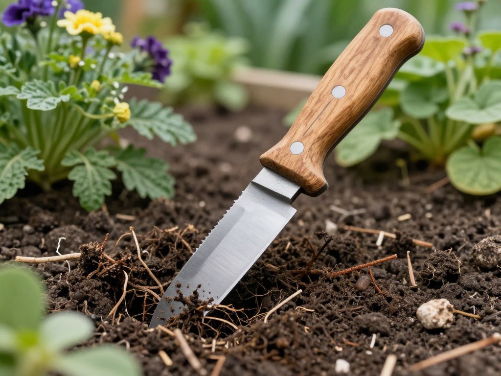 Niwaki Hori Hori Garden Knife being used for multiple tasks in a European garden